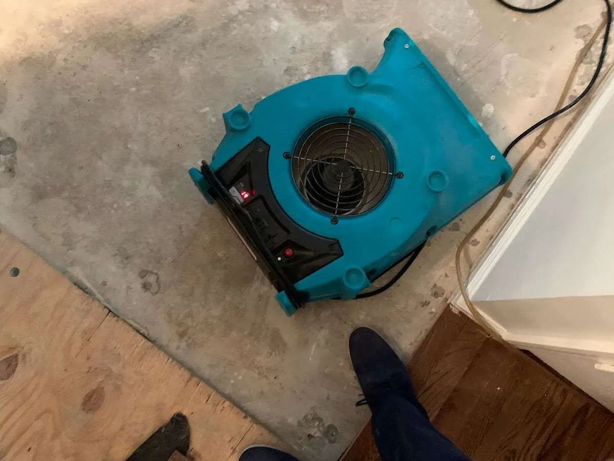 Air mover drying subfloor during Commercial Water Damage Restoration in South Amboy